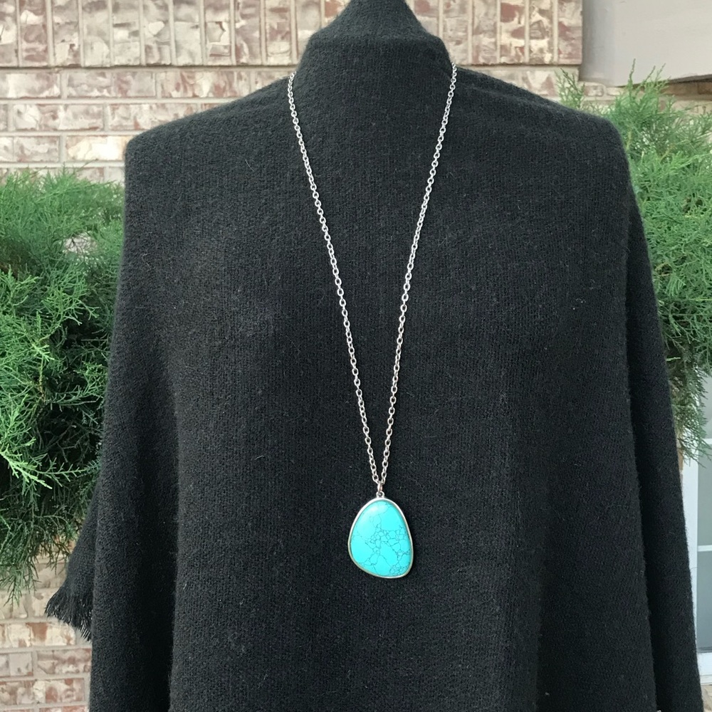 Silver Long Necklace with Turquoise Marbled Stone